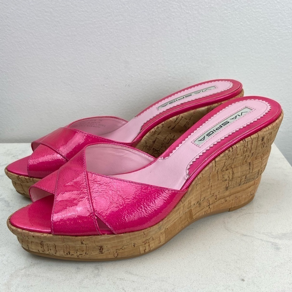 Via Spiga Hot Pink Patent Cork Wedge Sandals